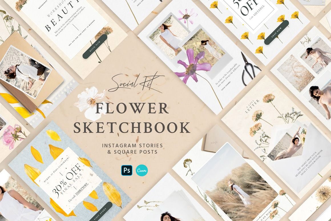 Flower Sketchbook Stories Kit Social Media - Instagram Stories and Square Posts
