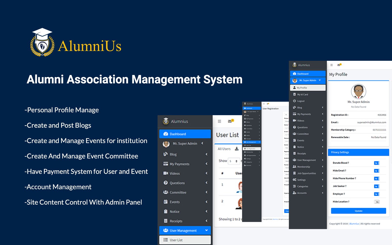 Alumnius- Laravel Association Management System Admin Template