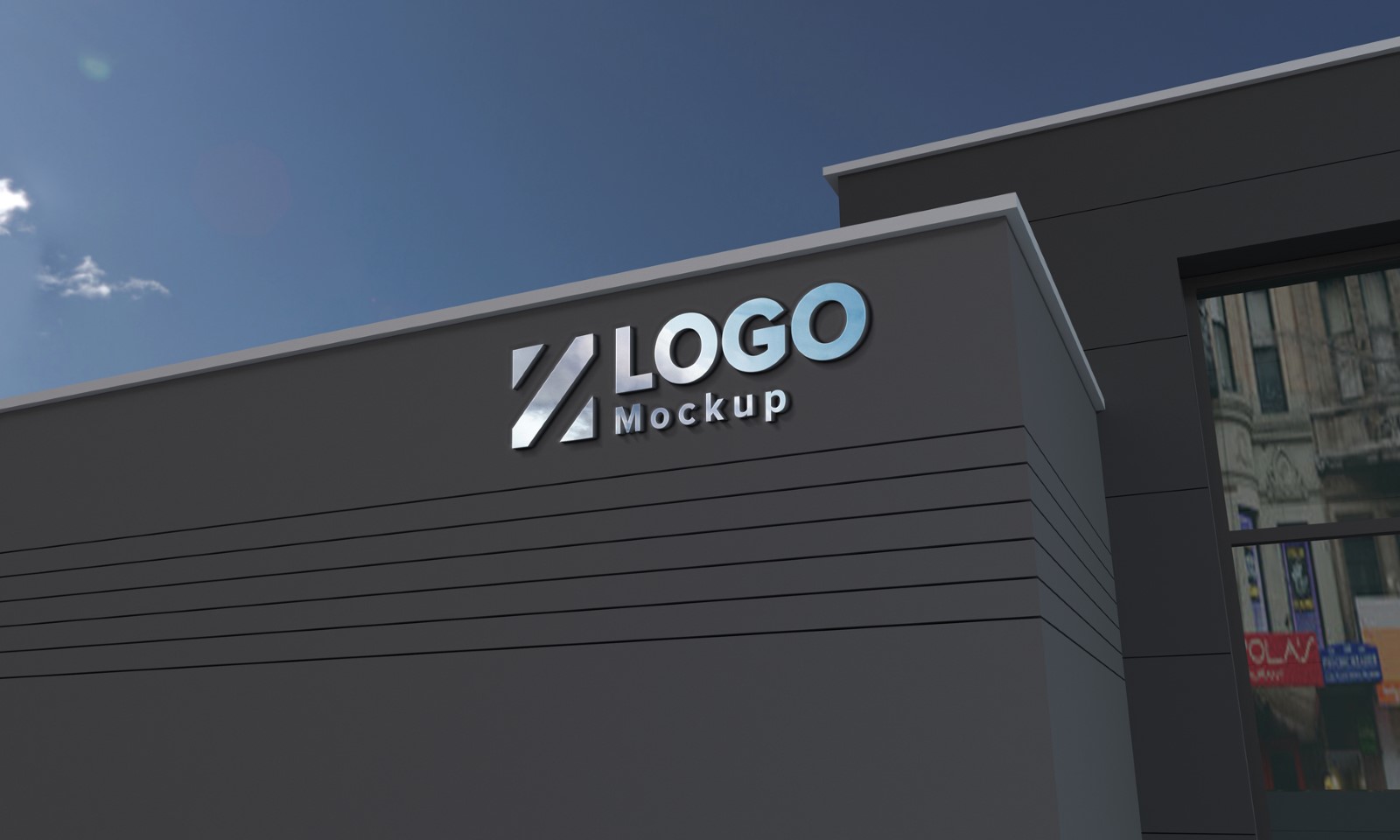 Download Steel Logo Mockup 3d Sign Facade Black Building Product Mockup