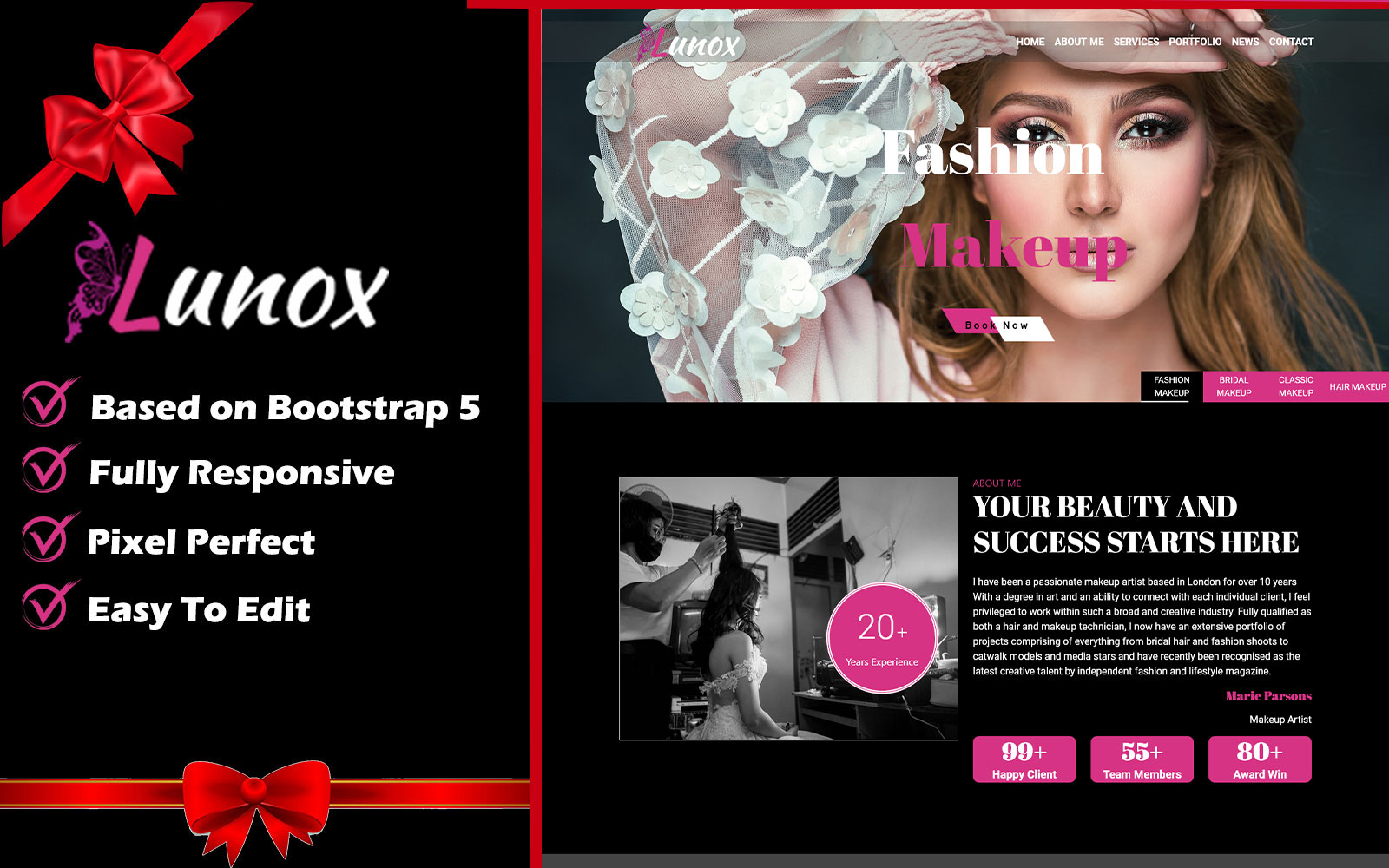 Lunox - Beauty Parlour Salon & Makeup Artist Multipage Responsive Bootstrap 5 Website Template