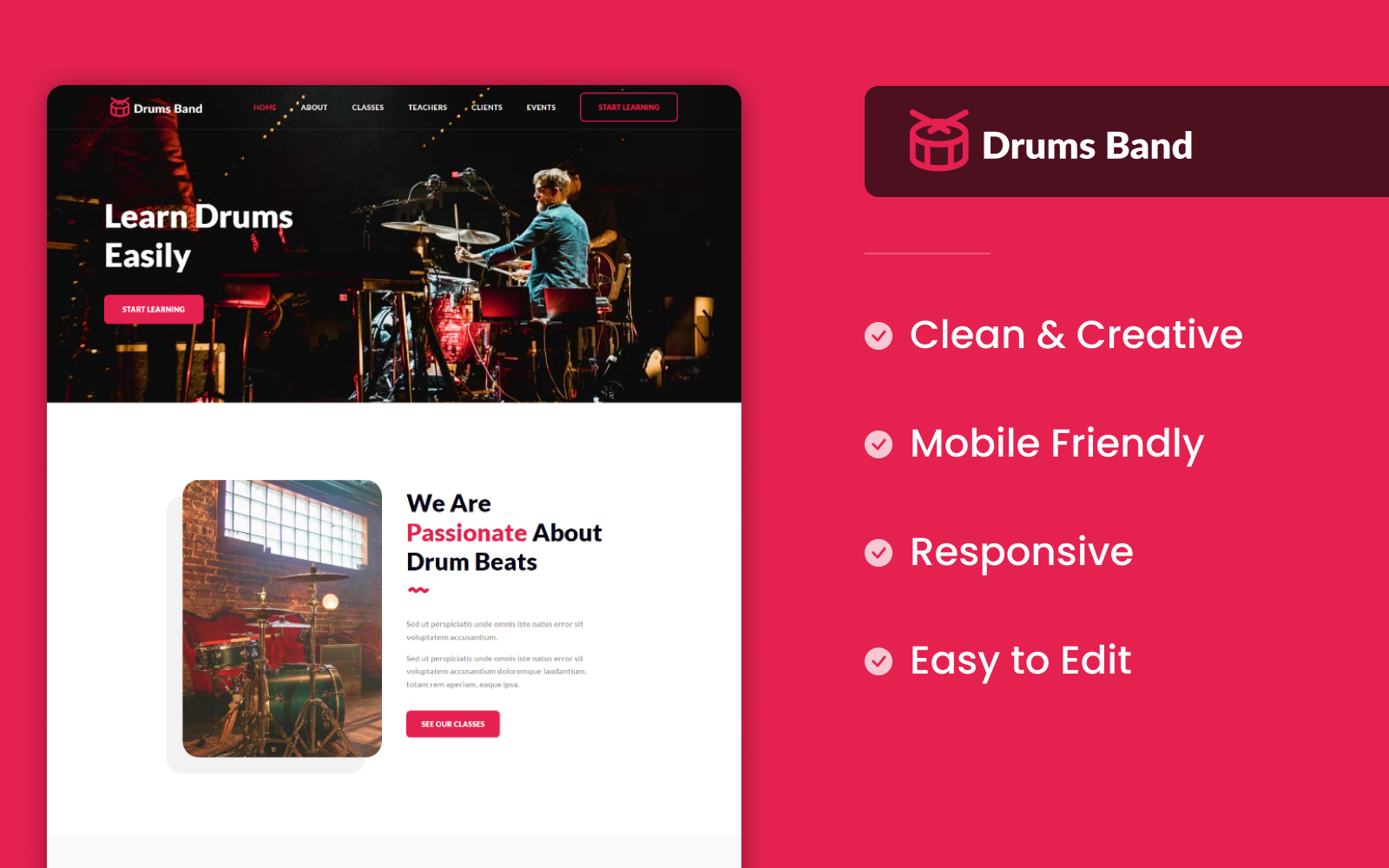 Drums Band Bootstrap Landing Page HTML Template