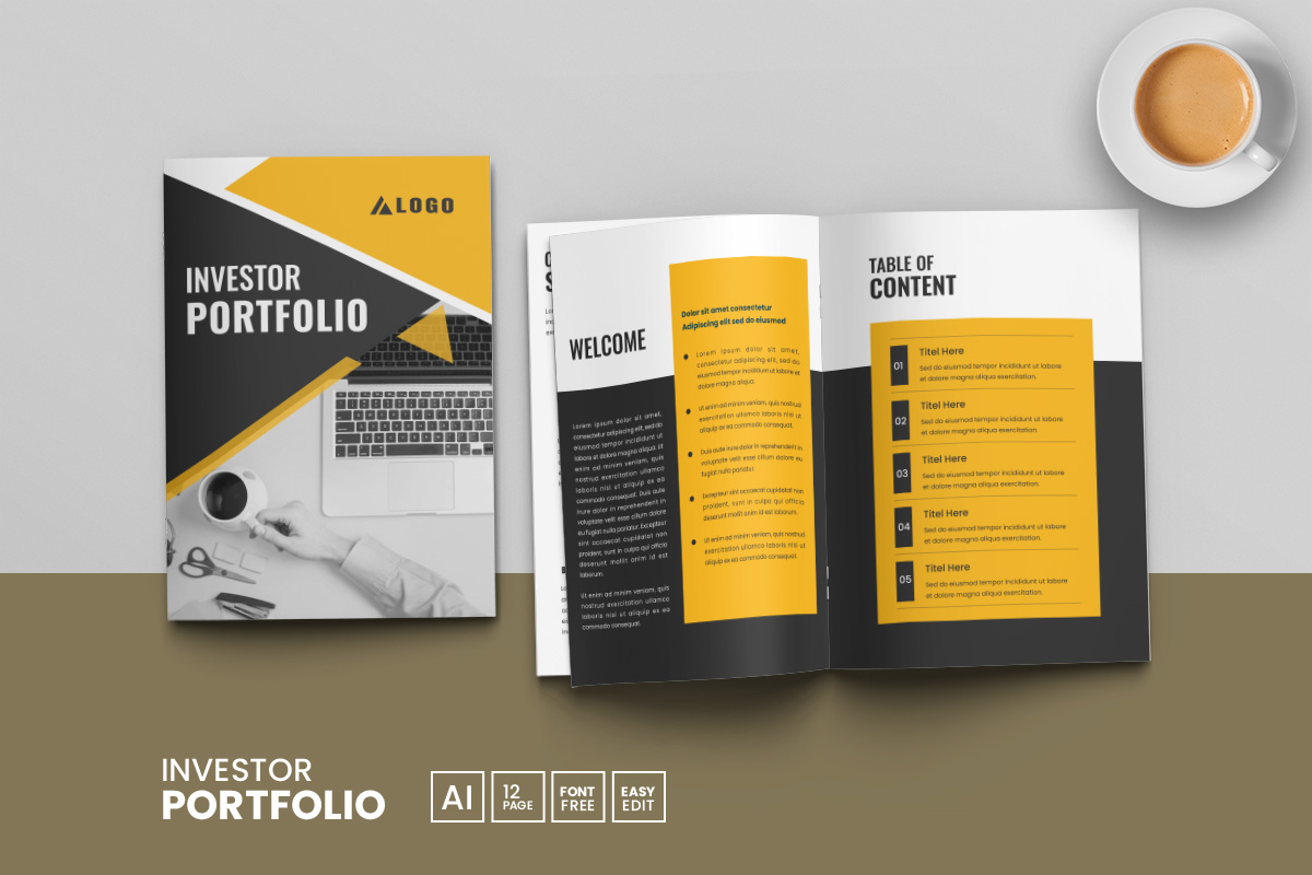 Investor Portfolio Template Design and Company Profile Brochure Layout