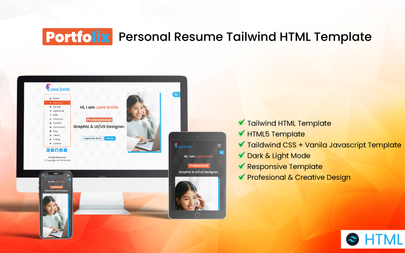 Portfolix - Personal Resume Tailwind HTML Template