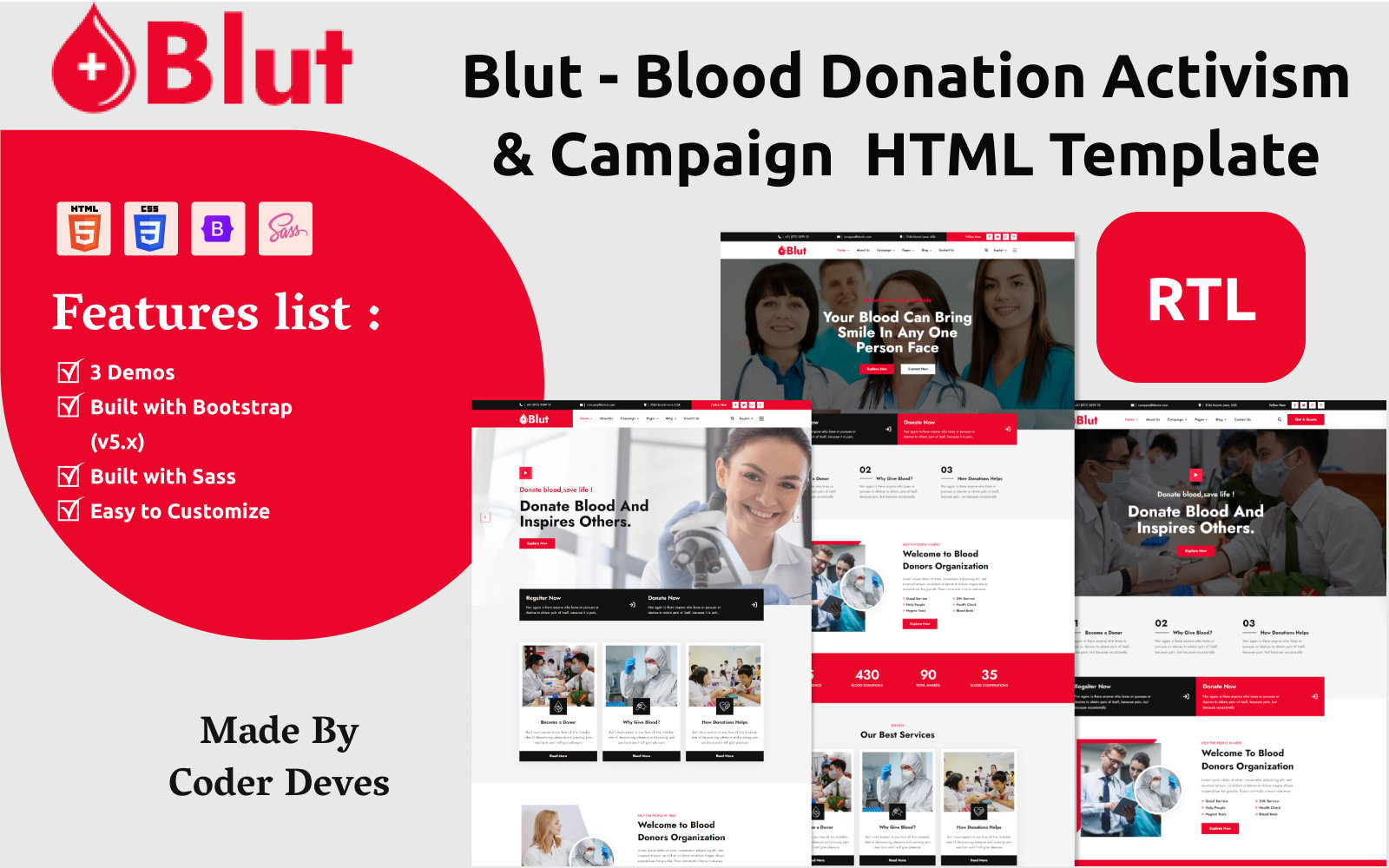 Blut - Blood Donation Activism & Campaign HTML Template + RTL Supported