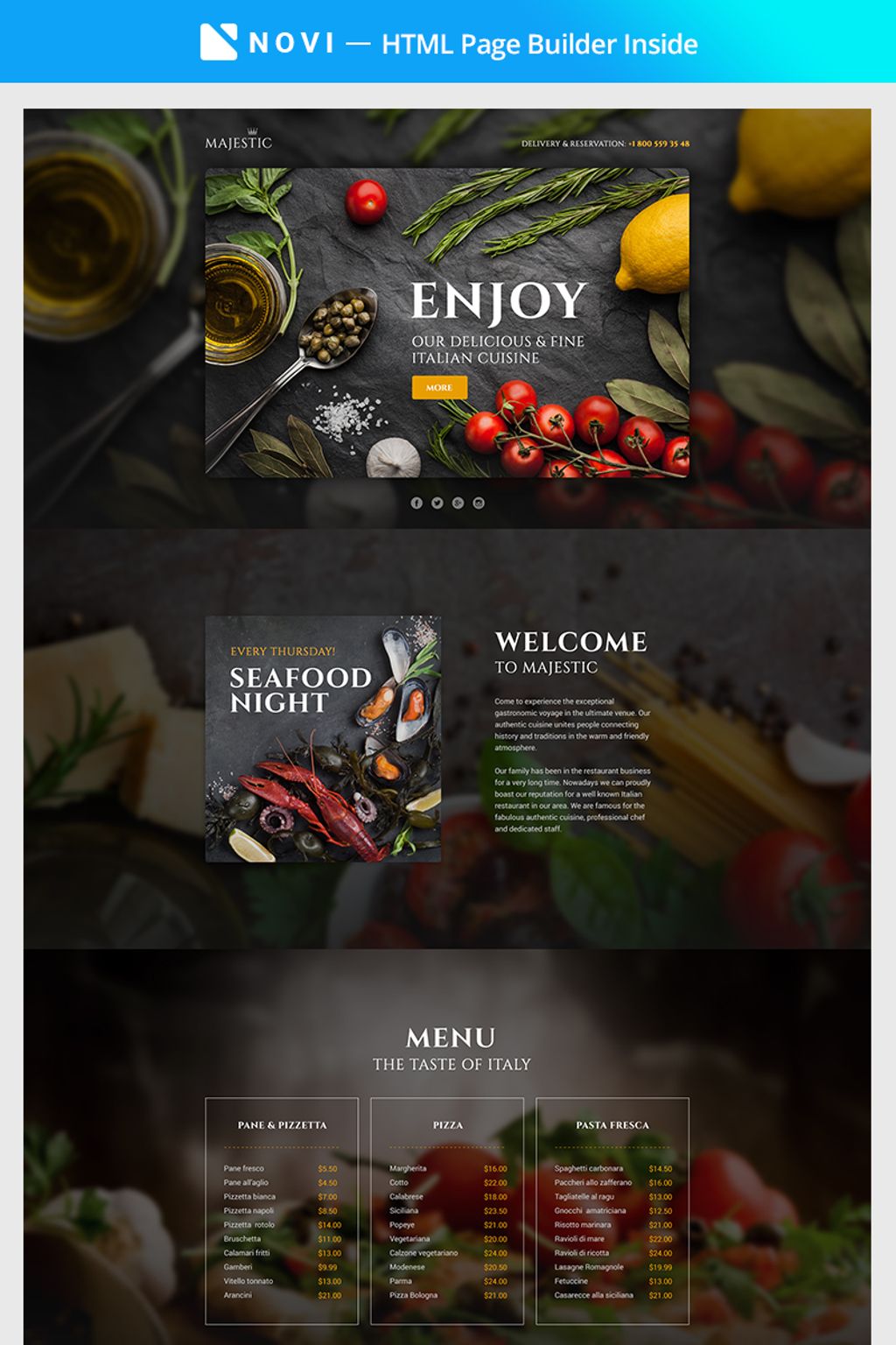 Majestic - Responsive Restaurant Template Compatible with Novi Builder Landing Page Template