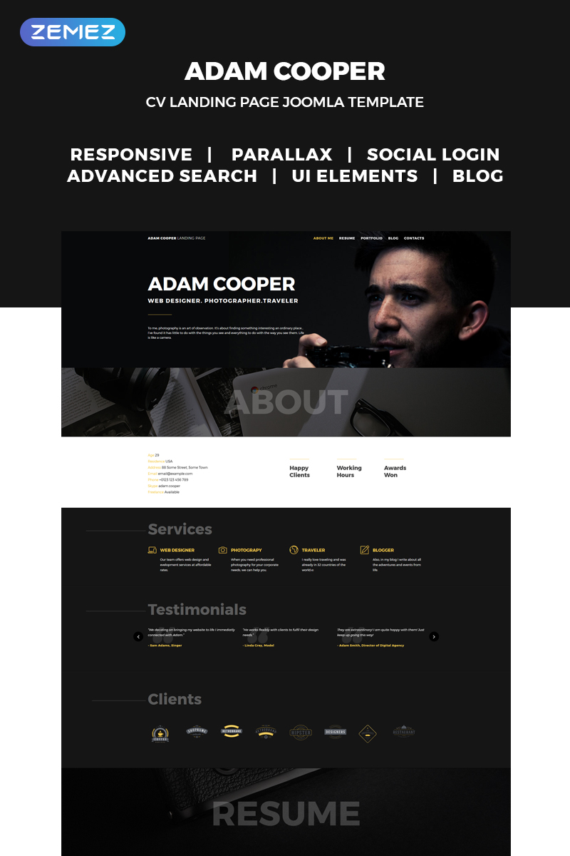 Adam Cooper - Photographer Portfolio Landing Joomla Template