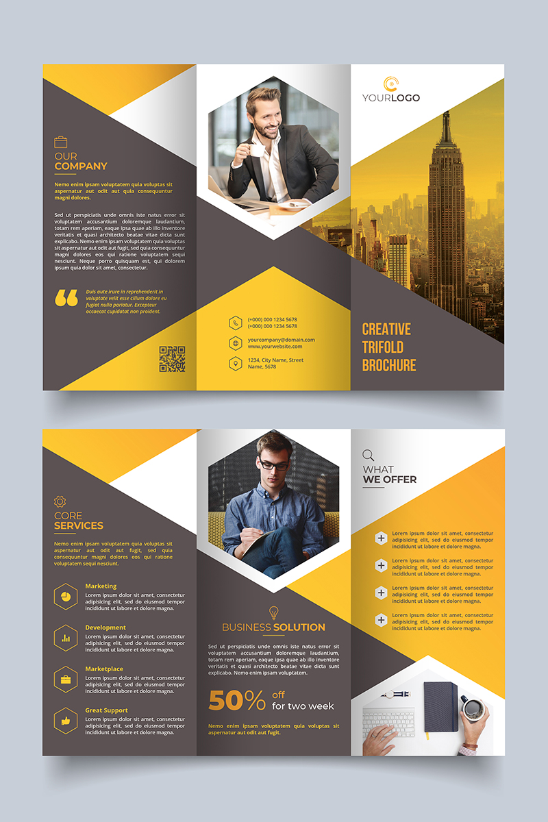 Modern Tri-fold Brochure Design Template - Grey and Yellow Theme