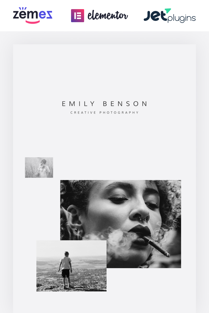 Emily Benson - Photography One page Black&White WordPress Elementor Theme