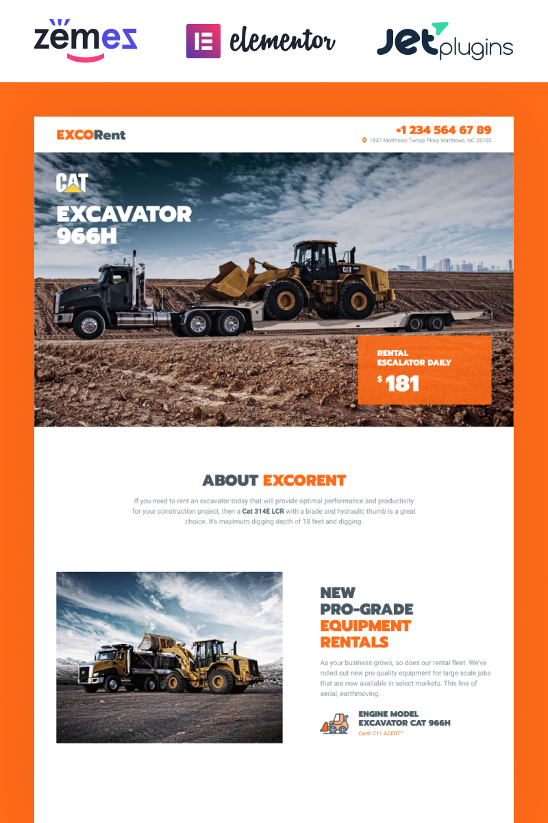 ExcoRent - Equipment Rental Template for Strong Landing Page WordPress Theme